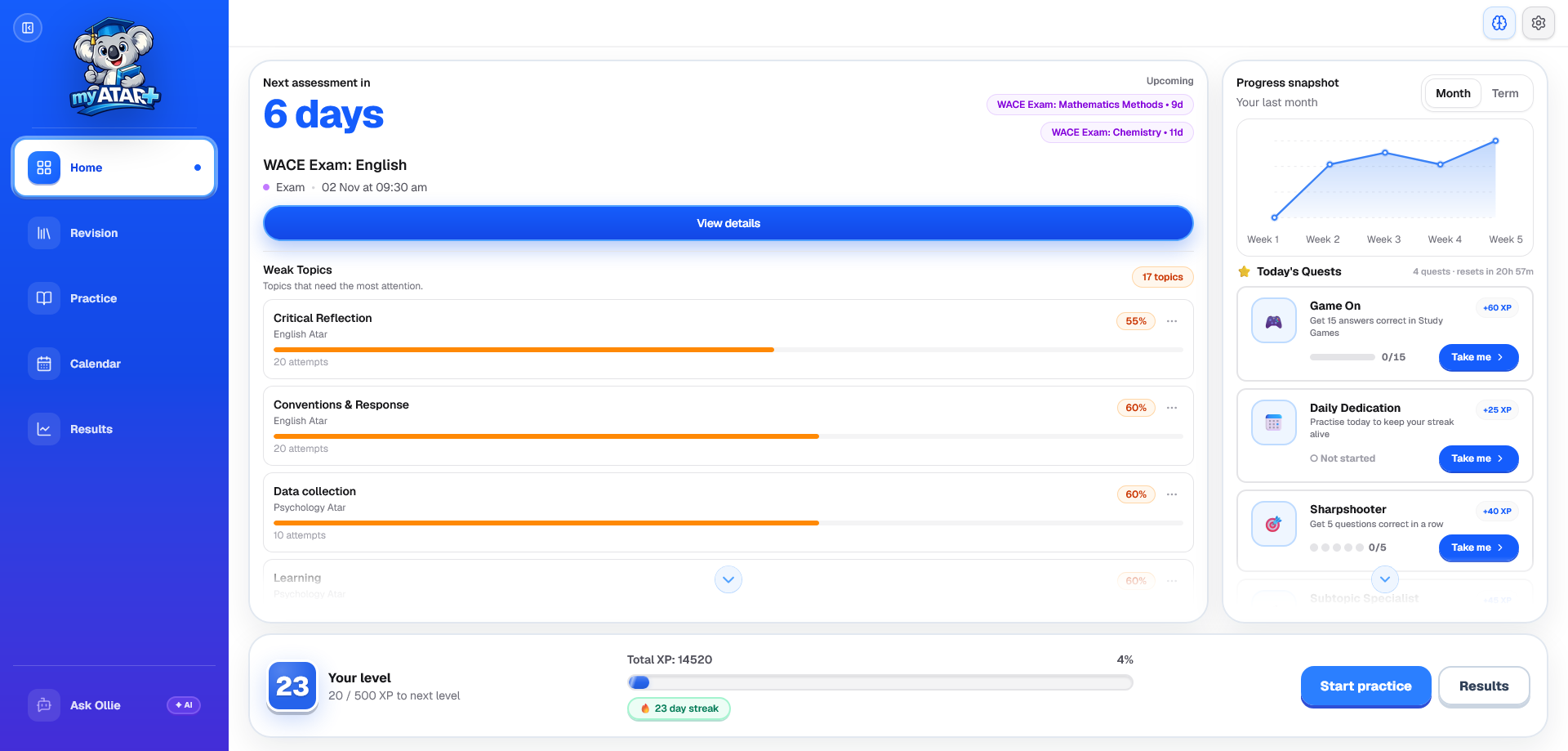 MyATAR+ dashboard showing upcoming assessments and ATAR progress